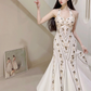 Vintage White Halter Beading Mermaid Long Party Dress, DP1999