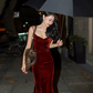 Charming Wine Red Spaghetti Straps Mermaid Velvet Sexy Evening Party Dress, DP2001