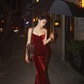 Charming Wine Red Spaghetti Straps Mermaid Velvet Sexy Evening Party Dress, DP2001