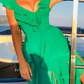 Green V Neck Ruffle Elegant Long Party Dress with Slit, DP2002