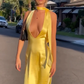 Yellow Halter Backless Satin Elegant Long Party Dress, DP2003