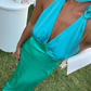 Chic V Neck Backless Satin Elegant Long Dress Wedding Guest Dress, DP2005