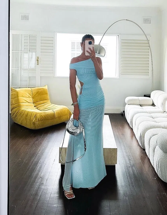 Pale Blue Chic Wedding Guest Dress Long Party Dress with Slit, DP2007