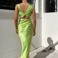 Green V Neck Satin Long Party Dress Wedding Guest Dress, DP2018