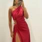 Burgundy One Shoulder Satin A-Line Long Prom Dress with Slit, DP2020