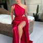 Burgundy One Shoulder Satin A-Line Long Prom Dress with Slit, DP2020