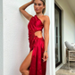 Burgundy One Shoulder Satin A-Line Long Prom Dress with Slit, DP2020