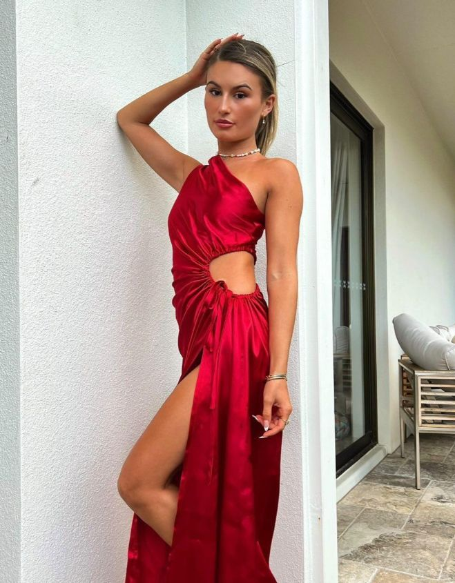 Burgundy One Shoulder Satin A-Line Long Prom Dress with Slit, DP2020