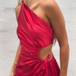 Burgundy One Shoulder Satin A-Line Long Prom Dress with Slit, DP2020