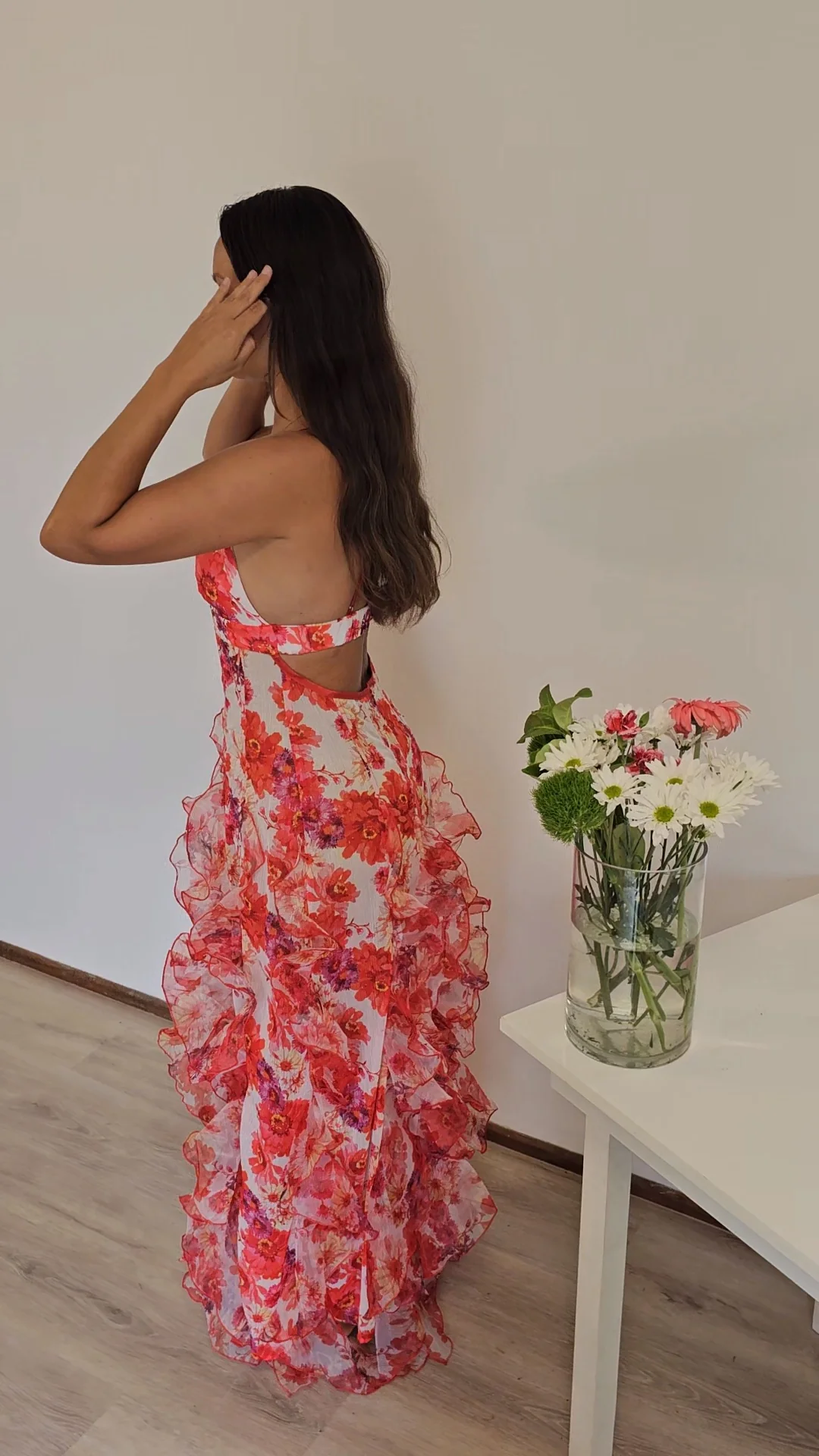 Red Floral Printed A-Line Backless Ruffle Long Party Dress, DP2023