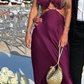 Chic Dark Purple Straps Satin Long Party Dress, DP2025