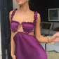 Chic Dark Purple Straps Satin Long Party Dress, DP2025