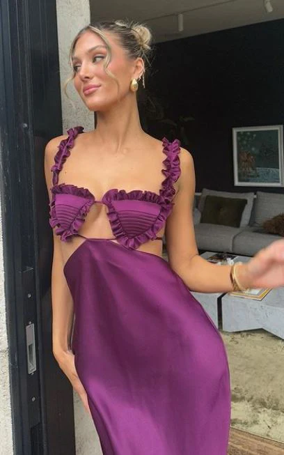 Chic Dark Purple Straps Satin Long Party Dress, DP2025