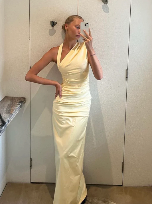 Light Yellow Halter Party Dress Wedding Guest Dress, DP2026