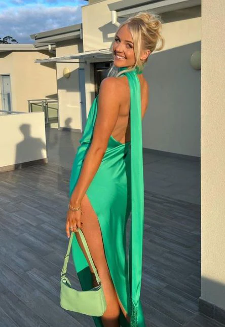 Green Halter Backless Long Party Dress Wedding Guest Dress, DP2027