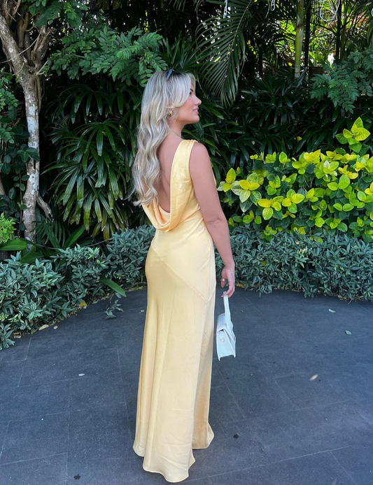 Yellow V Neck Backless Elegant Long Party Dress, DP2031