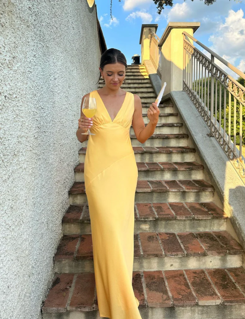 Yellow V Neck Backless Elegant Long Party Dress, DP2031