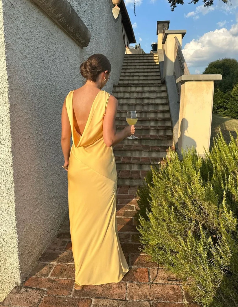 Yellow V Neck Backless Elegant Long Party Dress, DP2031