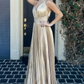 Champagne V Neck Spaghetti Straps A-Line Formal Party Dress, DP2033