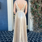 Champagne V Neck Spaghetti Straps A-Line Formal Party Dress, DP2033