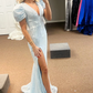 Shiny Light Blue V Neck Formal Party Dress with Slit, DP2036