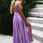 Purple Deep V Neck A-Line Elegant Long Party Dress with Slit, DP2038