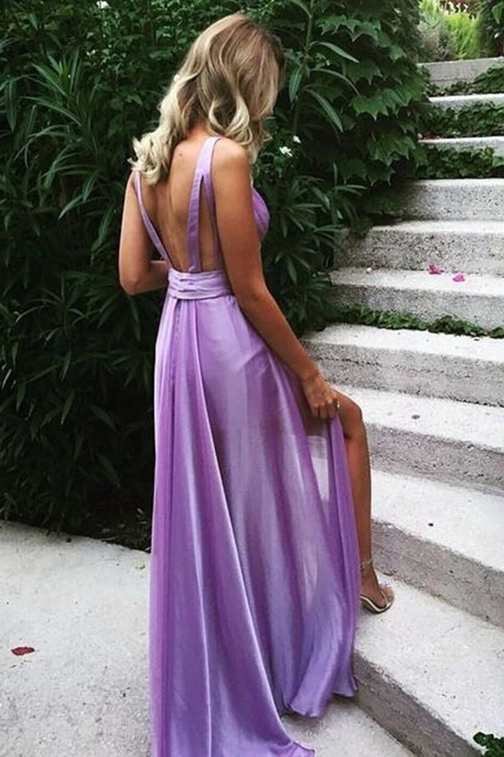 Purple Deep V Neck A-Line Elegant Long Party Dress with Slit, DP2038