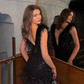 Black Deep V Neck Shiny Homecoming Dress with Feather, DP2046