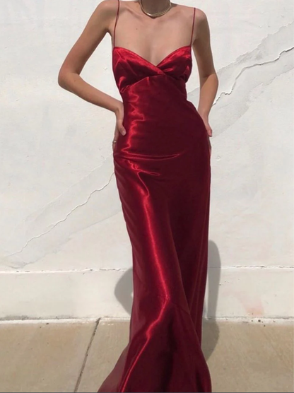 Charming Red Spaghetti Straps Backless Long Party Dress, DP2049