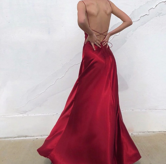 Charming Red Spaghetti Straps Backless Long Party Dress, DP2049