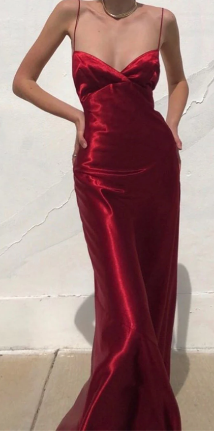 Charming Red Spaghetti Straps Backless Long Party Dress, DP2049