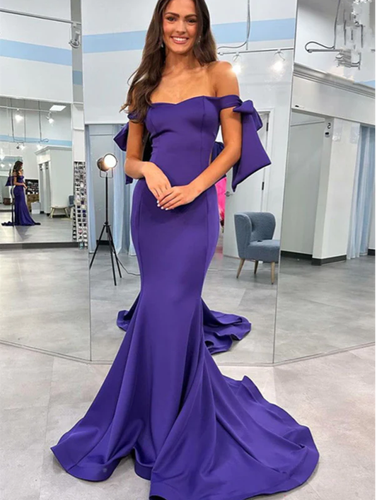 Purple Off Shoulder Mermaid Elegant Long Prom Dress, DP2050