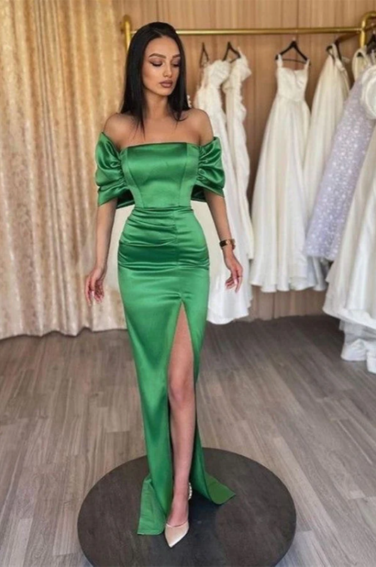 Green Off Shoulder Mermaid Elegant Long Prom Dress with Slit, DP2051