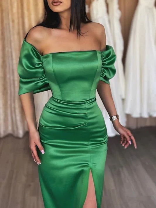 Green Off Shoulder Mermaid Elegant Long Prom Dress with Slit, DP2051