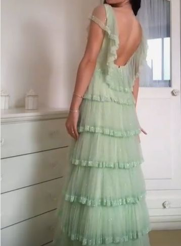 Sage Green A-Line Tiered Elegant Long Prom Dress, DP2053