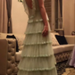 Sage Green A-Line Tiered Elegant Long Prom Dress, DP2053