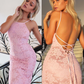 Sexy Backless Lace Mermaid Pink Long Party Dress, DP2152