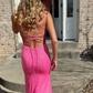 Hot Pink V Neck Straps Mermaid Sequins Long Party Dress, DP2160