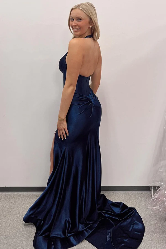 Navy Dreep V Neck Halter Mermaid Formal Party Dress, DP2062