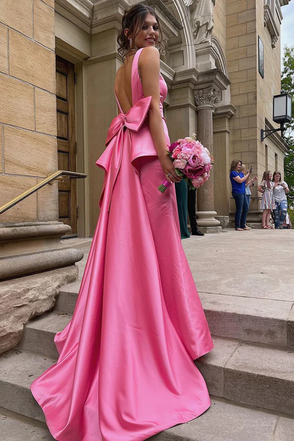 Pink V Neck Backless Long Prom Dress with Slit, DP2064