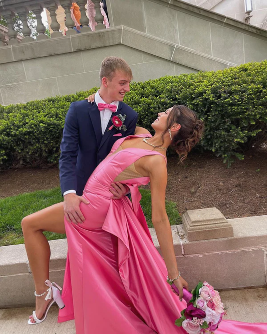 Pink V Neck Backless Long Prom Dress with Slit, DP2064