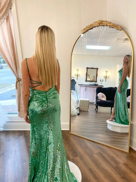 Green Straps Sequin Mermaid Gormal Party Dress with Slit, DP2066