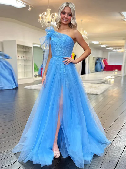 Elegant Blue One Shoulder A-Line Tulle Lace Long Party Dress, DP2067