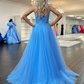 Elegant Blue One Shoulder A-Line Tulle Lace Long Party Dress, DP2067