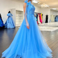 Elegant Blue One Shoulder A-Line Tulle Lace Long Party Dress, DP2067