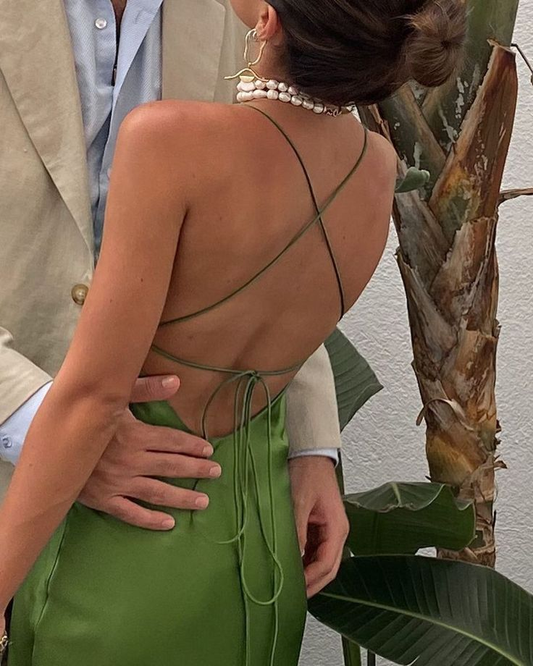 Green Straps Backless Long Party Dress Wedding Guest Dress, DP2069