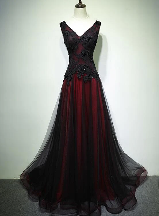 Black And Red V-Nec Tulle Beaded Prom Dress Long Evening Gown, DP2075