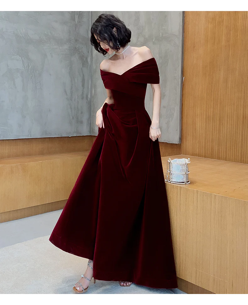 Burgundy Velvet Off Shoulder  A-Line Long Prom Dress, DP2076