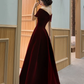 Burgundy Velvet Off Shoulder  A-Line Long Prom Dress, DP2076