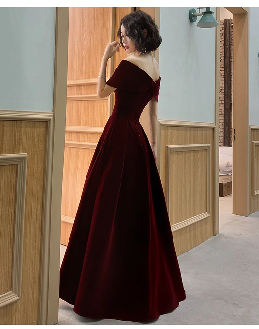 Burgundy Velvet Off Shoulder  A-Line Long Prom Dress, DP2076